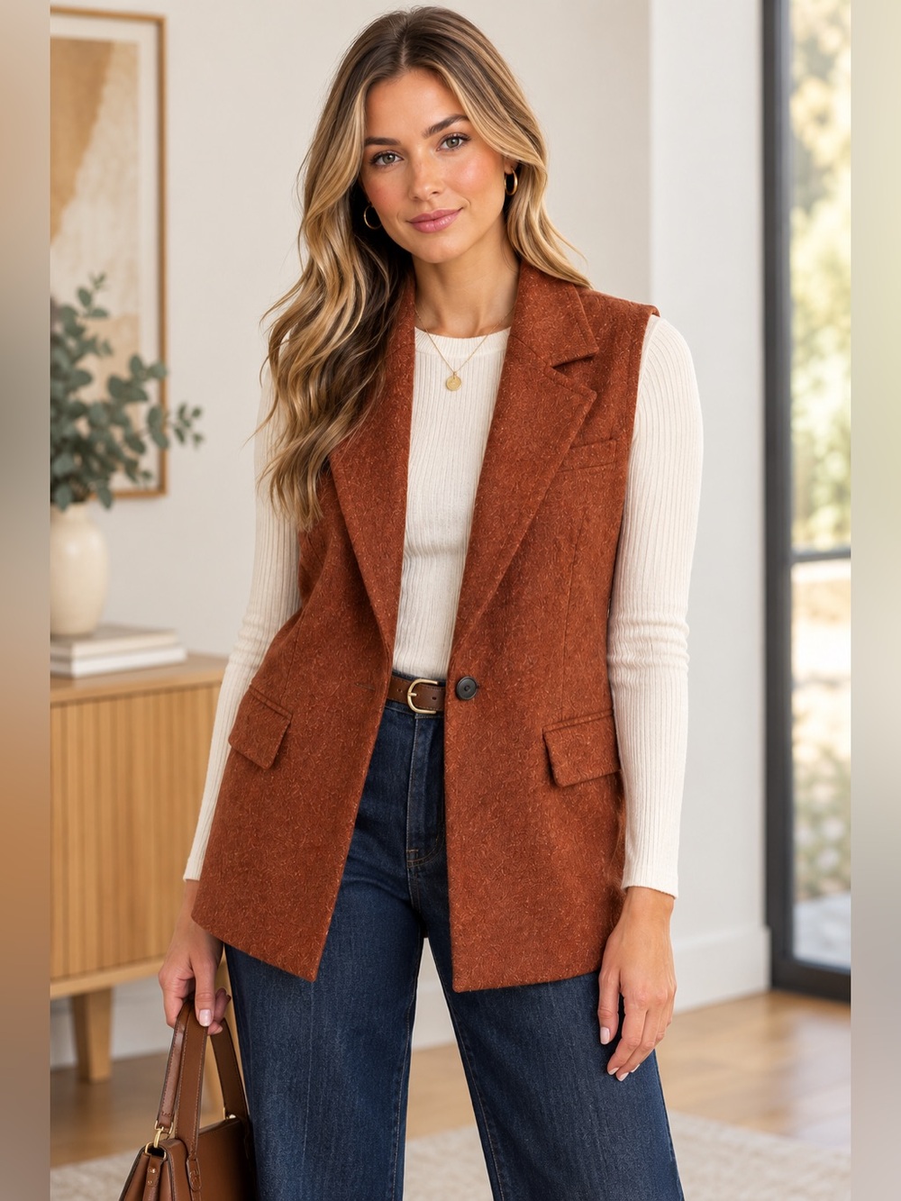 Mystree Rust Sleeveless Tailored Vest Blazer Layering Piece Boho Chic Size M